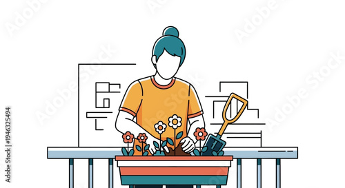 Woman Planting Flowers in a Garden Planter with a Small Shovel.