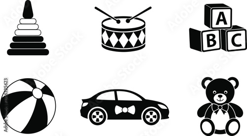 Vector illustration of black silhouette children’s toys including stacking rings, drum, alphabet blocks, beach ball, toy car, and teddy bear.