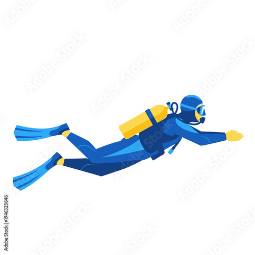 Scuba diver swimming underwater with blue fins and yellow oxygen tank