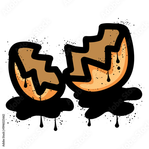 Empty broken eggshell with spray paint graffiti 