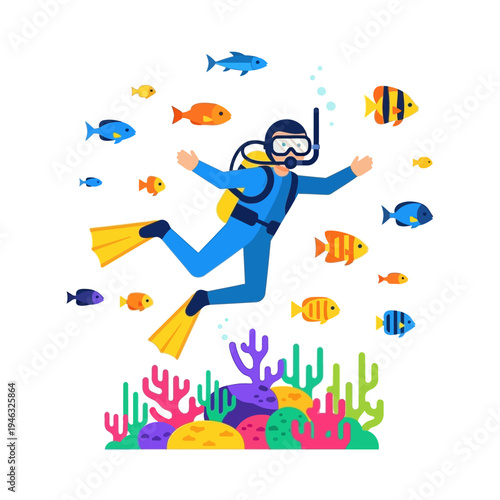 Scuba Diver Swimming Underwater with Colorful Tropical Fish and Coral Reef