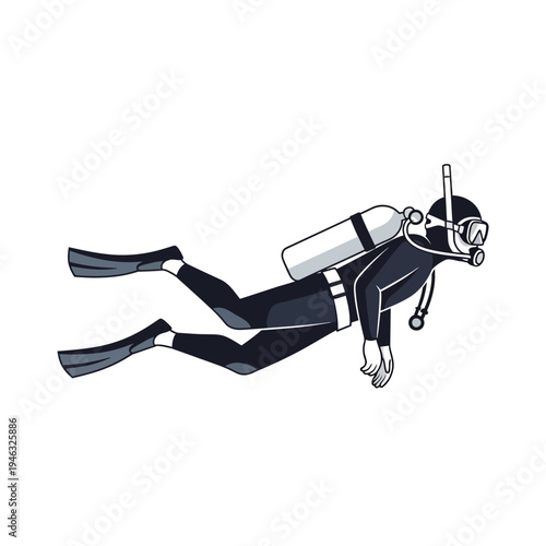 Scuba diver swimming underwater, wearing black wetsuit, mask, fins, and oxygen tank