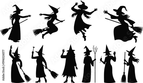 Vector illustration of black silhouette witches flying on broomsticks and standing with staffs, symbolizing Halloween, folklore, fantasy, magic, and mystery.