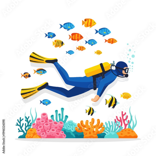 Scuba diver swimming with colorful fish and coral reef underwater