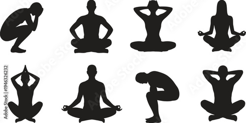 meditation and relaxation silhouette set, mindfulness practice, mental health awareness, stress relief poses for wellness lifestyle concept, yoga training symbols