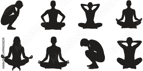 Meditation and relaxation silhouette set, mindfulness practice, mental health awareness, stress relief poses for wellness lifestyle concept, yoga training symbols.