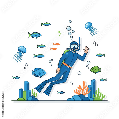 Scuba diver swimming with fish and jellyfish in clear blue ocean water