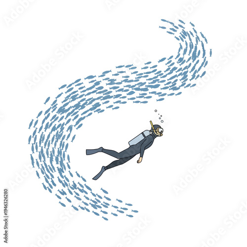 Scuba Diver Swimming with Large School of Fish in Ocean