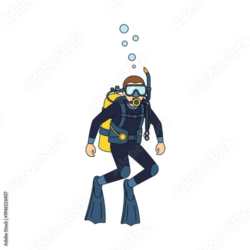Scuba Diver Underwater with Bubbles, Scuba Diving Equipment, Snorkeling Gear, Ocean Adventure