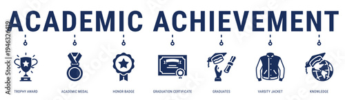 Academic Achievement web banner icon vector illustration with Trophy Award, Academic Medal, Honor Badge, Graduation Certificate, Graduates and Varsity Jacket