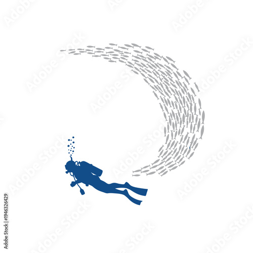 Scuba Diver Swimming with School of Fish Underwater