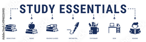Study Essentials web banner icon vector illustration featuring Books Stack, Books, Reading Glasses, Writing Pen, Stationary and Desk