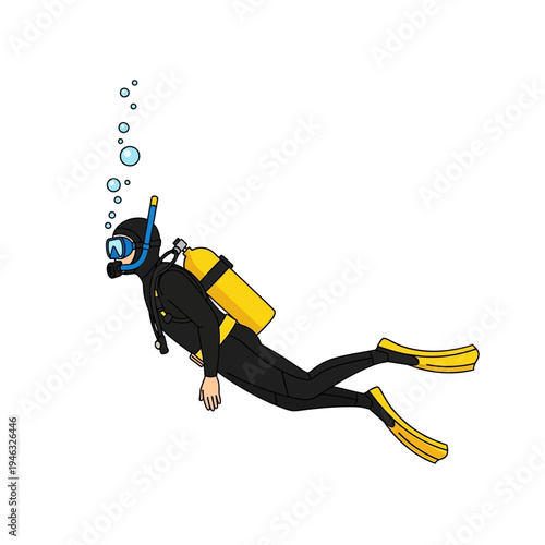 Scuba Diver Underwater with Yellow Tank and Bubbles
