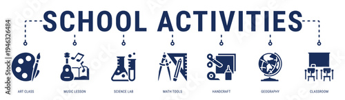 School Activities web banner icon vector illustration featuring Art Class, Music Lesson, Science Lab, Math Tools, Handcraft and Geography