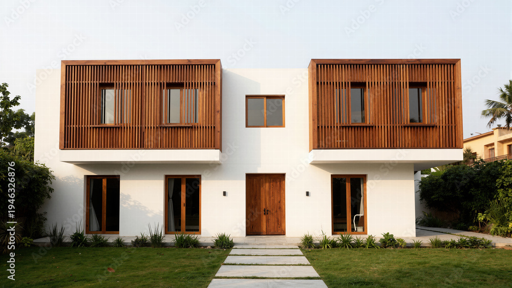 Fototapeta premium Modern minimalist twin residential house exteriors set against a lush green landscape, perfect for contemporary suburban real estate and architectural concepts.