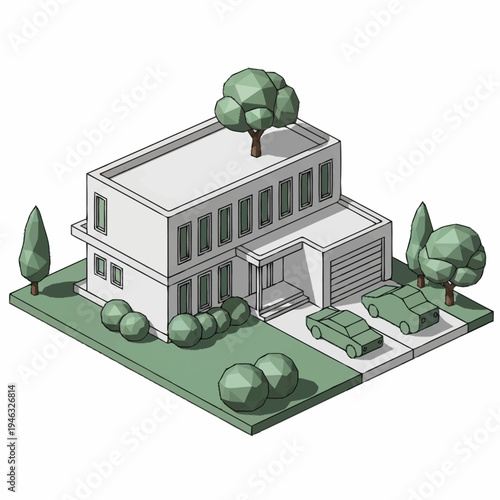 A modern, minimalist, two-story house with a flat roof, featuring a garage, driveway with two cars, and a well-maintained lawn with trees and bushes.