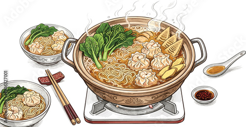 Vibrant illustration of a steaming hot pot, brimming with savory dumplings, fresh vegetables, and noodles, accompanied by side bowls, perfect for a comforting Asian dining experience