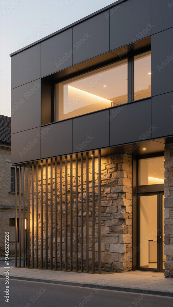 Naklejka premium Stunning multi-story modern luxury house exterior design featuring glowing interior lights at twilight, perfect for showcasing high-end contemporary real estate.