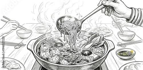 Evocative monochrome illustration of a communal hot pot dinner, featuring steaming ingredients being served from a bubbling pot, capturing the warmth and shared enjoyment of a traditional Asian meal