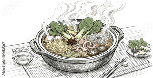 An intricate monochrome illustration capturing the essence of a bubbling hot pot, filled with aromatic herbs and fresh vegetables, promising a heartwarming culinary delight