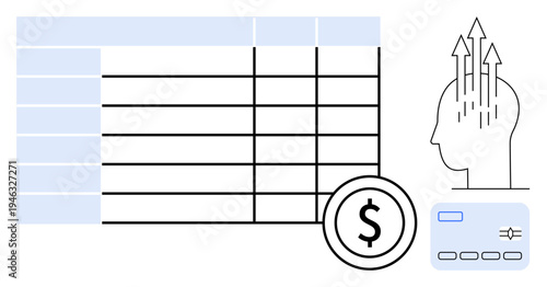 Financial growth concept. Financial growth with a dollar symbol, data chart, and mind with arrows upward. Financial management, data analysis, and planning. Great for finance reports, business