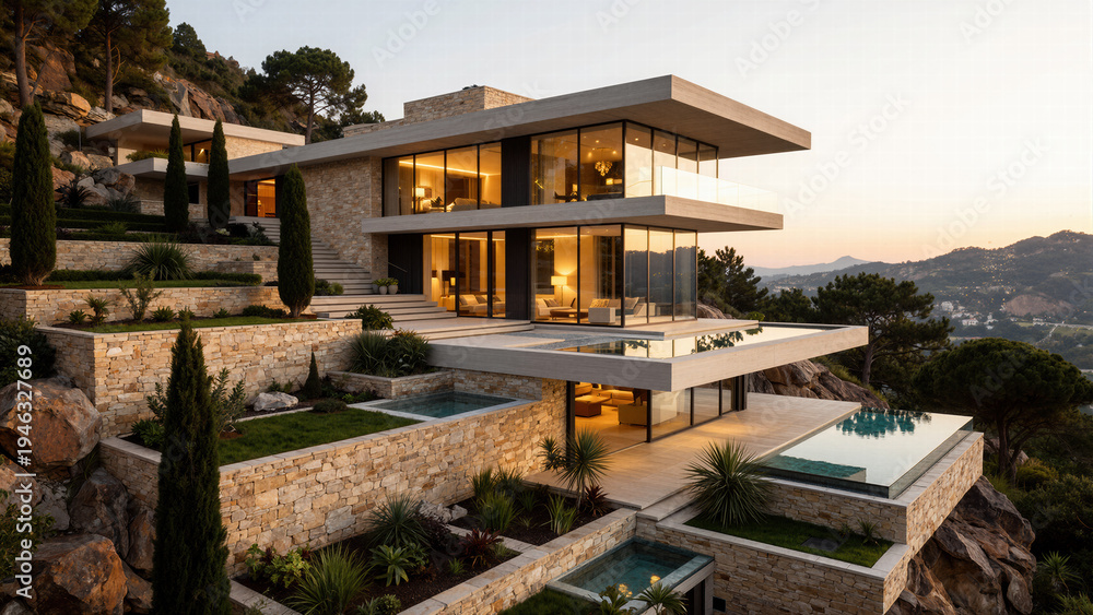 Fototapeta premium Luxury modern hillside house exterior design featuring expansive glass windows and stone elements, situated on a rugged mountain terrain under a warm sunset sky.