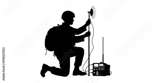 Military Signal Corps Soldier Silhouette Setting Up Radio Communication Antenna