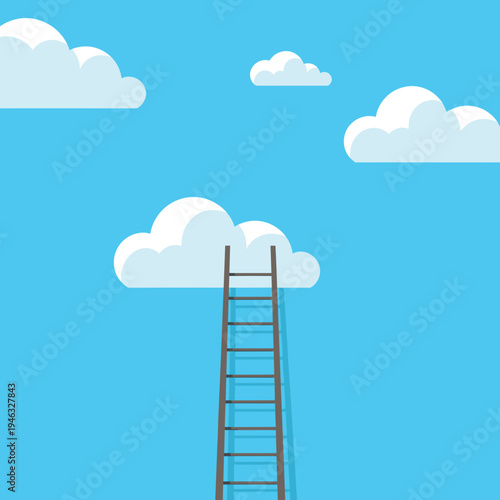 A wooden ladder reaching towards fluffy clouds in a bright blue sky, symbolizing aspiration