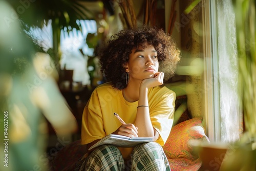 A young woman in a yellow shirt sits by a window, thoughtfully writing in a notebook with sunlight streaming in.