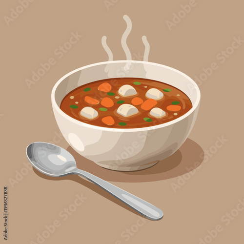 A steaming bowl of hearty vegetable soup with dumplings on a neutral background