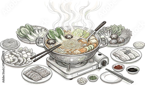 Enjoy a Hearty and Wholesome Steaming Hot Pot Meal, Rich with Fresh Vegetables and Meats, Ideal for a Shared Culinary Experience