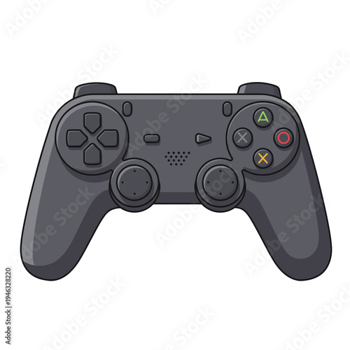 Black gaming controller with colorful buttons on a plain white background