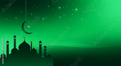 Islamic mosque silhouette against green gradient sky with hanging crescent moon and sparkling stars