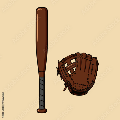 A baseball bat and glove resting on a light background, ready for a game