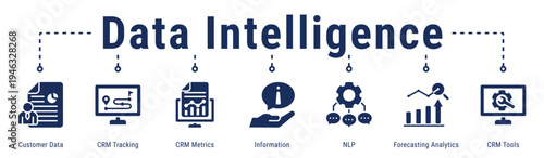 Data Intelligence web banner icon vector illustration featuring Customer Data, CRM Tracking, CRM Metrics, Information, NLP and Forecasting Analytics