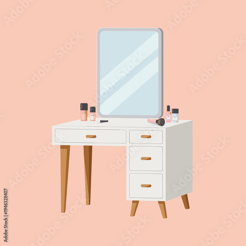 A stylish vanity table with beauty products and a mirror reflecting a soft pink backdrop