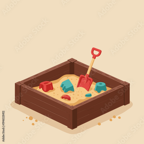 Colorful children's sandbox with toys and shovel, set against a simple background