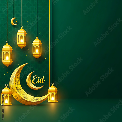 green eid mubarak background with golden crescent moon and lanterns, islamic greeting design