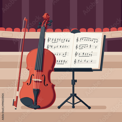 A beautifully arranged violin and sheet music on a stand in a concert hall setting