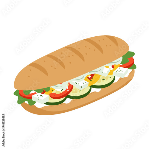 Colorful sandwich with fresh vegetables and feta cheese on a white background