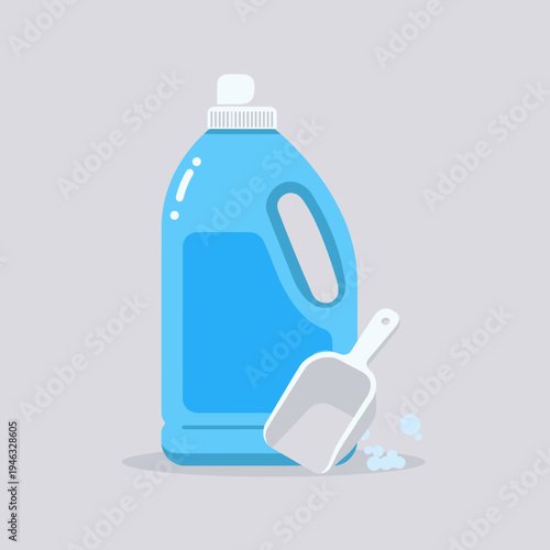 Blue liquid detergent bottle with a measuring spoon on a light gray background