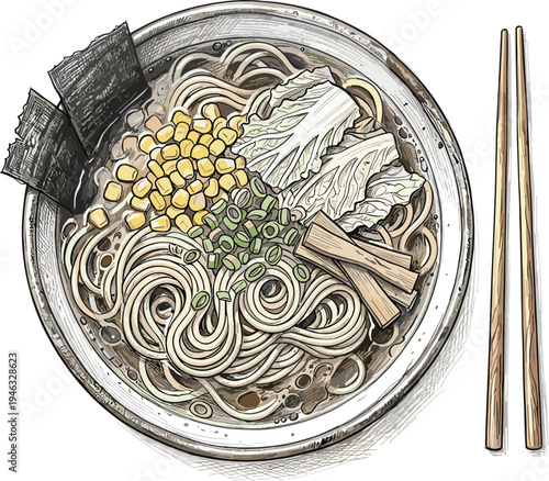 Delicious bowl of ramen noodles with fresh vegetables and chopsticks on a table, a visually appealing and appetizing culinary illustration