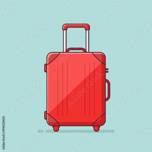 Bright red suitcase standing upright against a light blue background, ideal for travel themes