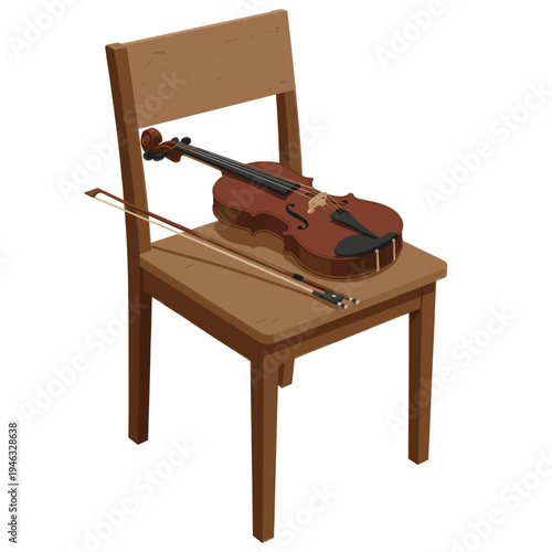 A wooden chair holding a violin and bow, showcasing a serene musical setting