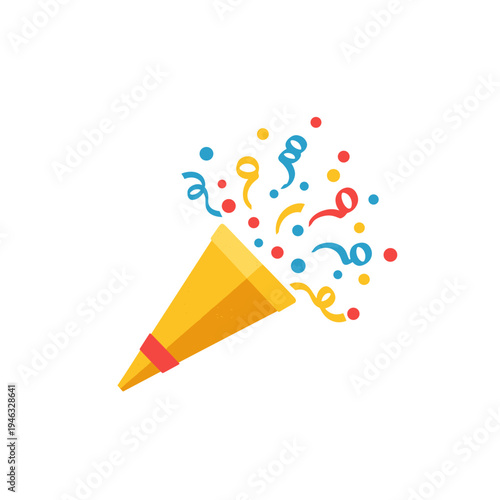 Colorful confetti bursts from a party horn, celebrating a joyful occasion indoors