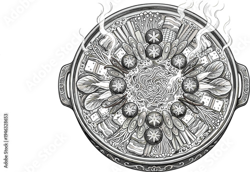 A Deliciously Steaming Hot Pot Meal Featuring Fresh Vegetables and Noodles, Prepared and Ready to be Enjoyed in a Traditional Cooking Pot