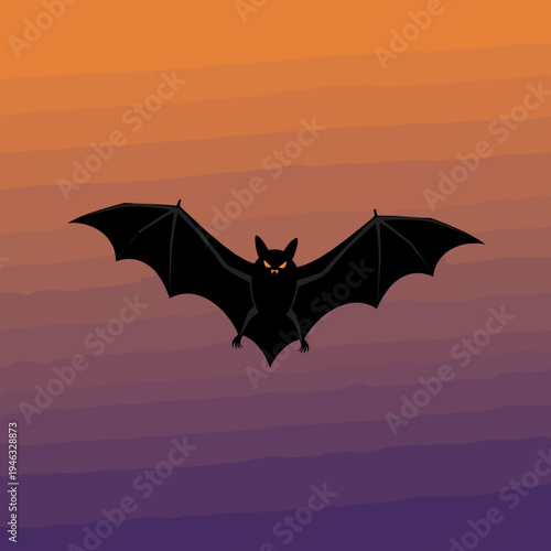 Black bat silhouette soaring against a vibrant orange sunset with layered colors