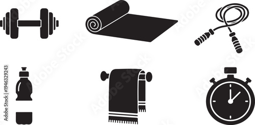 Black and white of dumbbells, yoga mat, jump rope, kettlebell, towel, and stopwatch