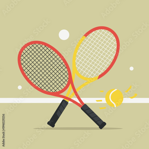 Two tennis rackets crossed over a light background with a tennis ball nearby