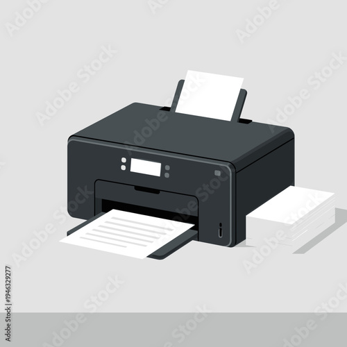 Modern printer in a minimalist office setting, printing documents with stacks nearby